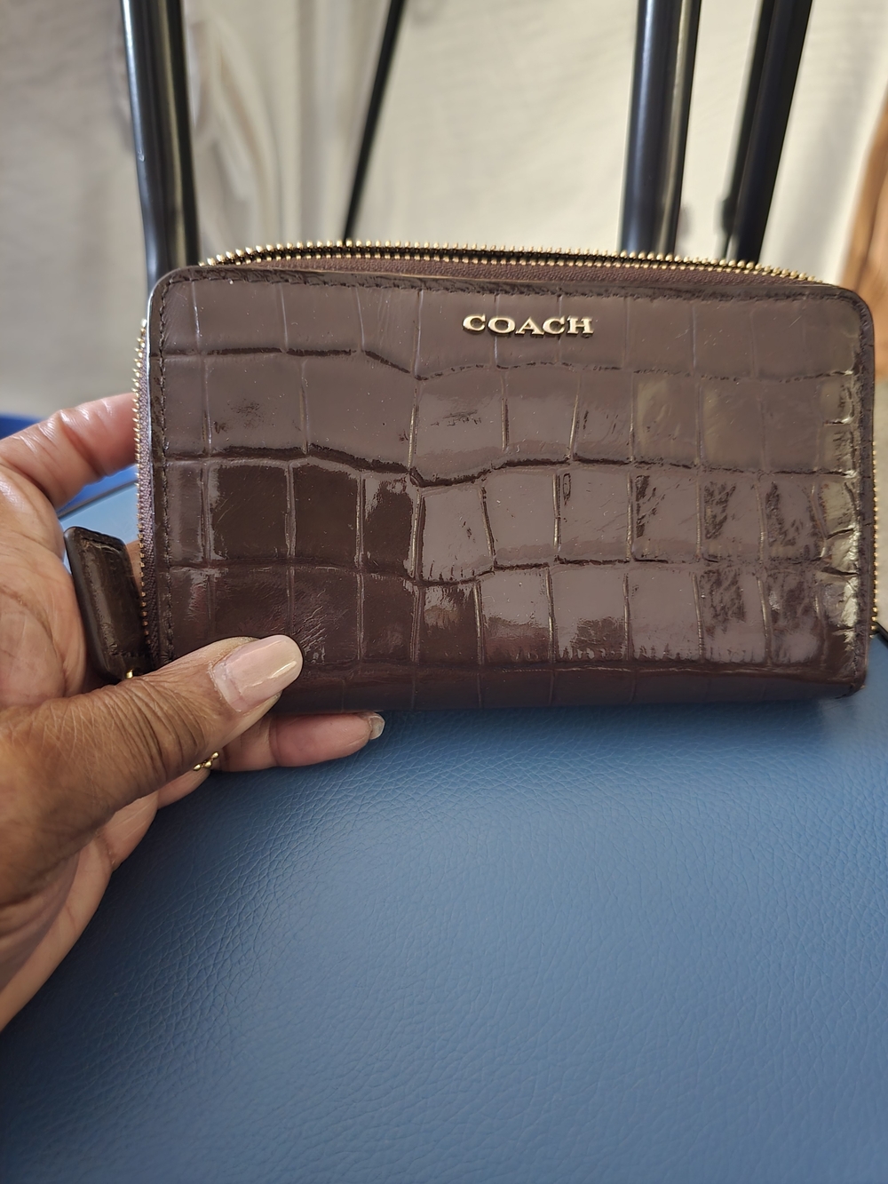 Coach Croc-Embossed Patent Leather Zip Wallet in Dark Brown with Gold Hardware